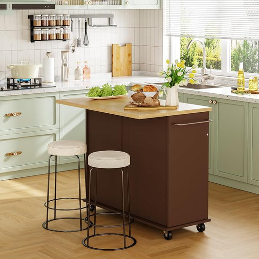 JY QAQA 39" Kitchen Island on Wheels with Storage Cabinet Kitchen Cart Cabinet with Shelves, Cart Handle for Towel Rack or Free Mobility, Portable Islands for Kitchen, Brown