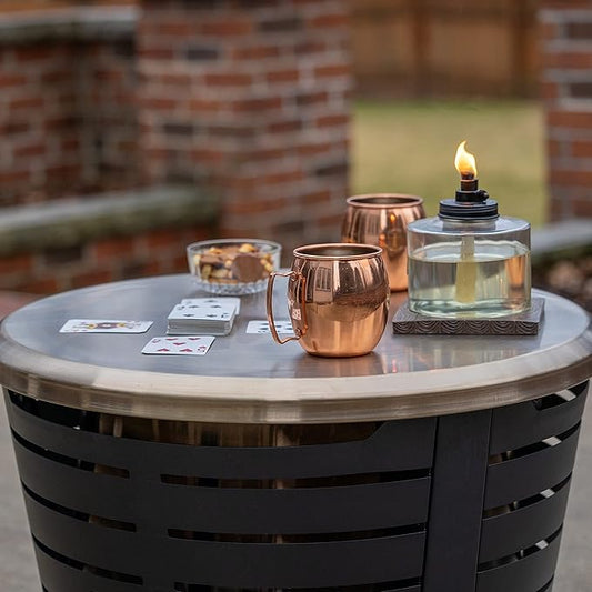 TIKI Patio & Celebration Tabletop Fire Pit Cover – 25.6" Durable Stainless Steel Lid – Weather-Resistant Outdoor Fire Pit Protection – Converts Fire Pit into Table – Patio & Backyard Accessory, Gold