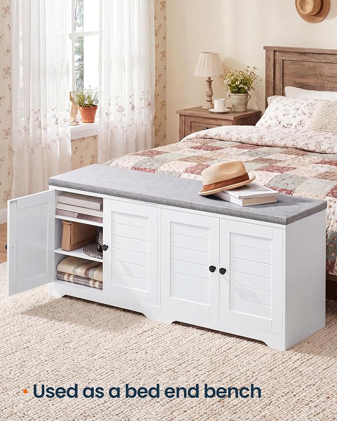 SONGMICS HOME 3-Tier Entryway Bench, Shoe Bench with Padded Seat, for Hallway, Bedroom, 14.2 x 47.8 x 20.9 Inches, White and Gray