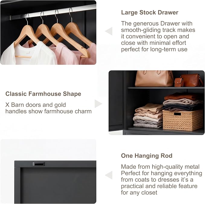 71" H Metal Armoire Wardrobe Closet with Drawers, Black Wardrobe Closet with Doors and Shelves,Tall Wardrobe Closet for Bedroom