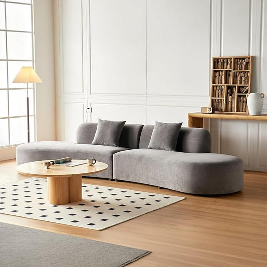 Container Furniture Direct 132" Curved Sofa with Throw Pillows, 6 Seater Luxury Velvet Couch with Half Moon Design and High-Density Foam, Ideal for Modern Living Room, Office & Apartment, Grey