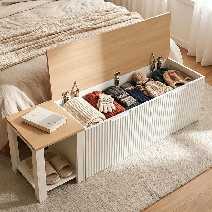ZZW L Shaped Storage Bench, Modular Corner Dining Bench Seating, 63" Breakfast Nook Bench w/Hidden Storage, Safety Soft-Close Hinges, Dining Room, Kitchen, Living Room, Entryway Color Oak and White