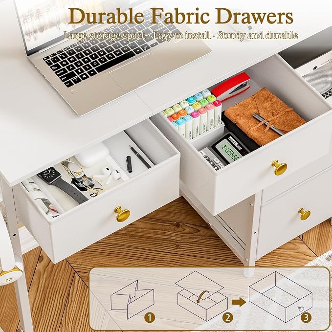 3IngSeagulls Small Computer Desk with 4 Fabric Drawers, Simple Writing Desk for Home Office, Compact Study Desks for Small Spaces, Kids Desk Study for Bedroom, White