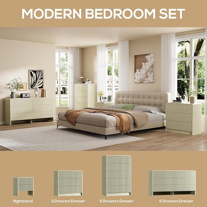 Furniway Beige 3 Drawer Dresser, 32" Wide Wood Chest of Drawers with Curved Design, Modern Fluted Dresser with Push-to-Open Storage for Bedroom