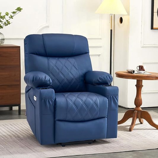 MCombo Small Power Lift Recliner Chair Sofa with Massage and Dual Heating, Adjustable Headrest for Elderly People Petite, USB Ports, Faux Leather 7111 (Blue)