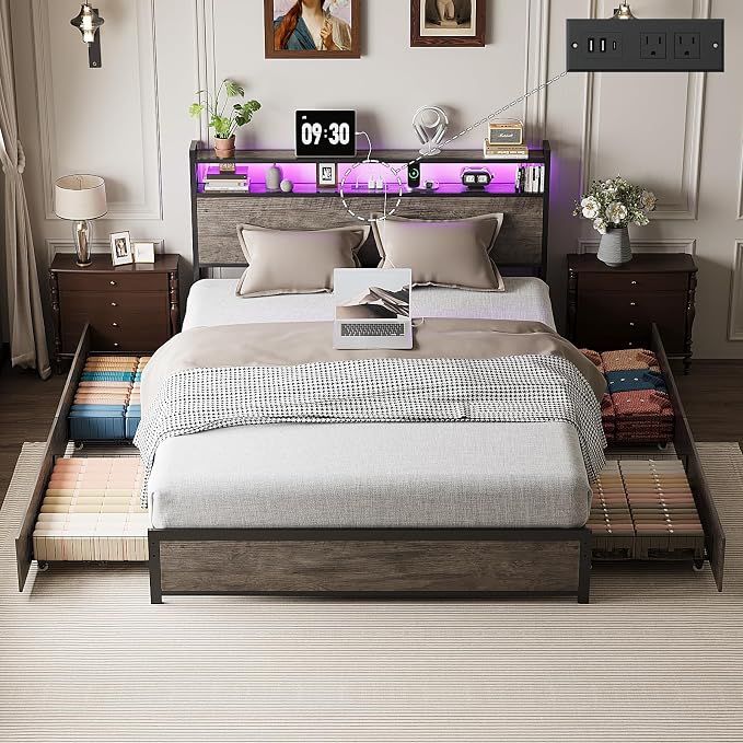 VINGLI LED Queen Bed Frame with 4 Storage Drawers and Adjustable Headboard Shelf, Metal Platform Panel Bed with Charging Station for Kids Teens, Adults, No Box Spring Needed, Wash Gray