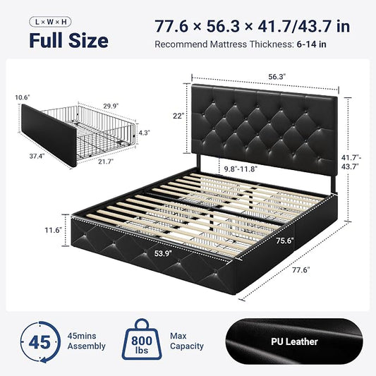 Allewie Upholstered Full Size Platform Bed Frame with 4 Storage Drawers and Headboard, Diamond Stitched Button Tufted, Mattress Foundation with Wooden Slats Support, No Box Spring Needed, Black