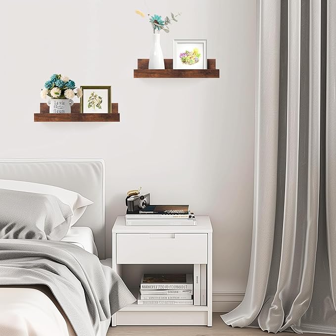 Muzilife 12" Small Floating Wall Ledge Shelves with Lip - Set of 2 Wood Floating Shelves - Walnut Brown Wall Mounted Picture Ledge for Office, Bathroom, Bedroom, Living Room, Kitchen