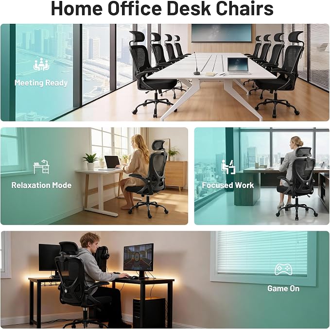 AreShark Office Chair - Ergonomic Desk Chair Breathable Mesh Chair with 2D Headrest & Adjustable Lumbar Support - Executive High Back Rolling Swivel Computer Gaming Chair with Wheels Flip-up Armrests