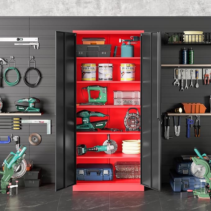 SISESOL Wide & Deep Metal Storage Cabinet with 5 Shelves,72" Tall Red Garage Storage Cabinet with Lock,Metal Cabinets with Locking Doors,Lockable Steel Cabinets for Home,Office,Shop,Garage,72x36x18