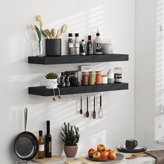 Fun Memories Floating Shelves - 2 Pack 9 Inch Rustic Wooden Wall Shelves - Extra Deeper & Thicker Wall Mounted Storage Shelf for Living Room, Kitchen, Farmhouse - 24" W x 9" D x 1.6" H - Rustic Black