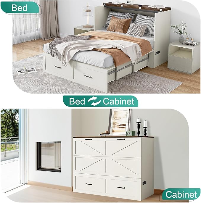 Hlivelood Queen Size Murphy Chest Bed with Drawer and Charging Station, Farmhouse Wood Space-Saving Hidden Folding Bed Chest, Multifunctional Storage Cabinet Beds for Bedroom, Office, Rustic White
