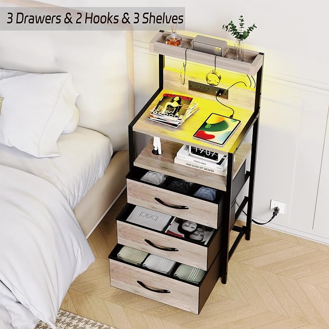 SZLHANJZ Nightstand Set of 2, Large Night Stand with LED Lights and Charging Station, 39-Inch Tall Bed Side Tables with Shelves, 3 Fabric Drawers Bedside Table for Bedroom, Greige