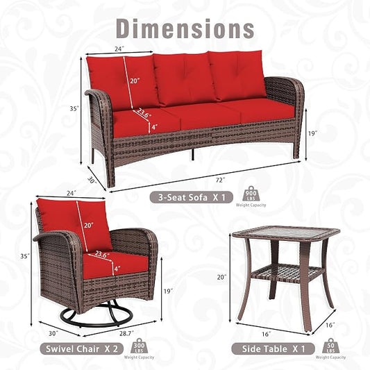 4 Piece Patio Conversation Set - 2 Swivel Chairs 1 Coffee Table 3-Seater Sofa, PE Wicker & Steel Patio Furniture with Heavy-Duty Steel Frame,Weatherproof Cushions, Red