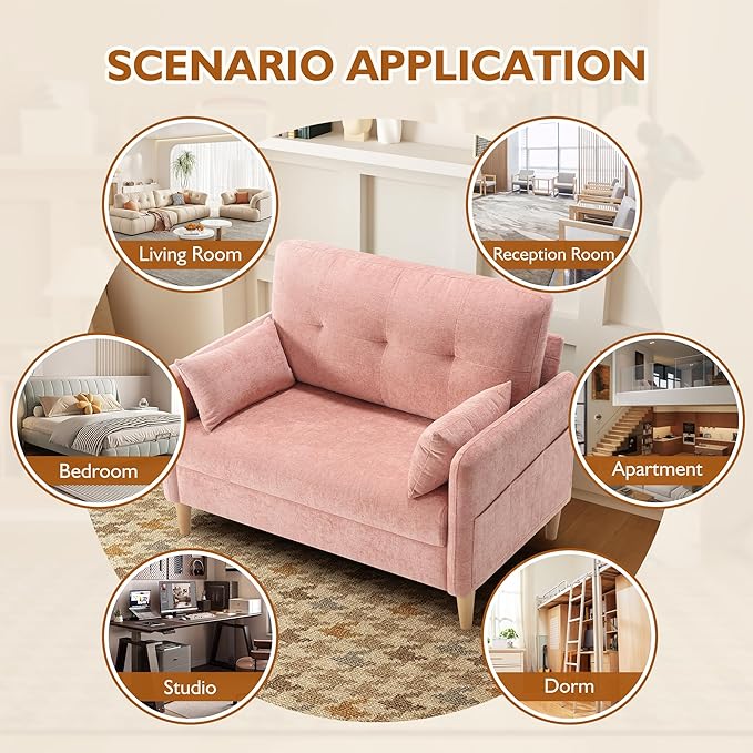 Urhanherry 47" Small Sofa Couch for Bedroom, Soft Chenille loveseat Mini Couch with Throw Pillow and Removable Cushion Cover for Small Spaces, Living Room, Apartment, Dorm, Office(Pink)