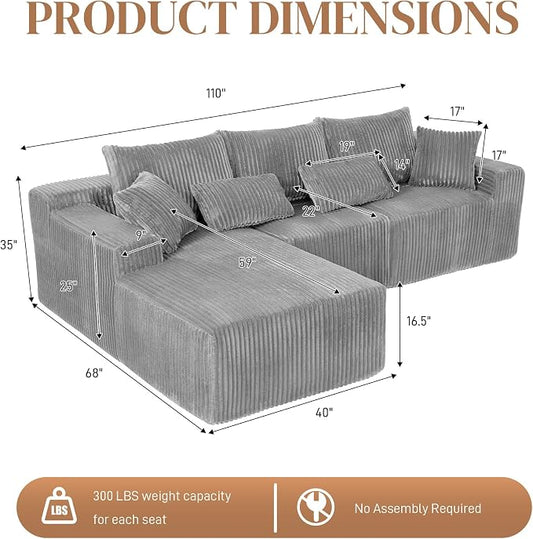 110" L Shaped Cloud Boneless Sectional Couches for Living Room, Modern Comfy Modular Deep Seat Memory Foam Compressed Corduroy Sofa Oversized Left Facing Chaise, No Assembly Required, Grey