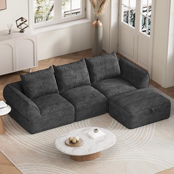 104" Modular Sectional Sofa with Deep Seat, Comfortable Upholstery L Shaped Cloud Couch for Living Room, 3-Seater Boneless Sofa with Movable Ottomans, Removable Cover, No Assembly Required, Dark Gray