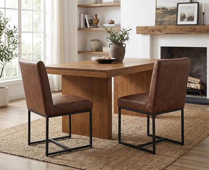 CIMOTA Modern Dining Chairs Set of 8, Leather Dining Room Chairs Upholstered Mid Century Armless Guest Side Chair with Black Base for Dining Room/Kitchen, Vintage Brown 8PCS