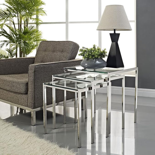 Modway Nimble Glass and Stainless Steel 3-Piece Side Nesting Table Set In Silver