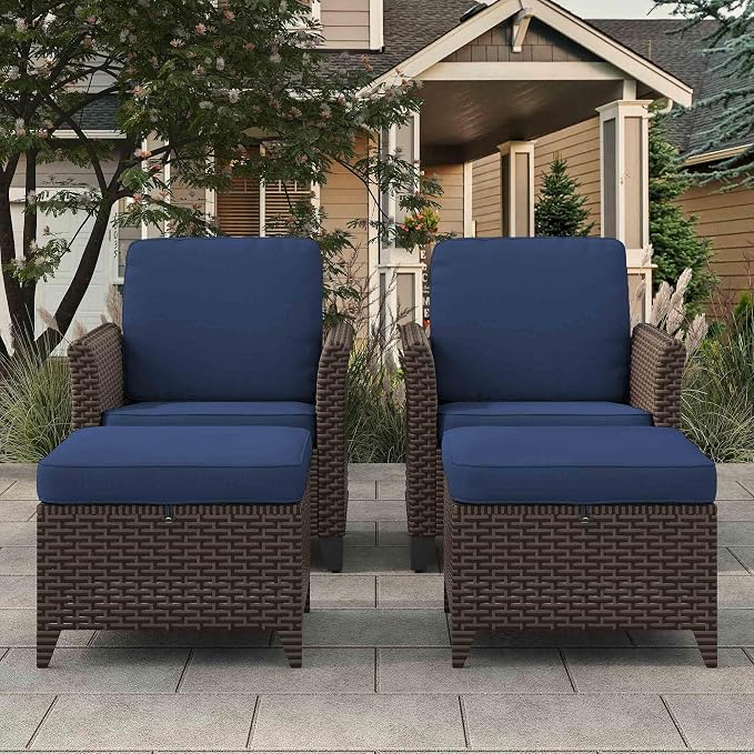 4 Pieces Patio Furniture Set, 2 High Back Chairs & 2 Ottomans, All-Weather PE Wicker Furniture with Waterproof Cushions for Deck, Garden, Porch