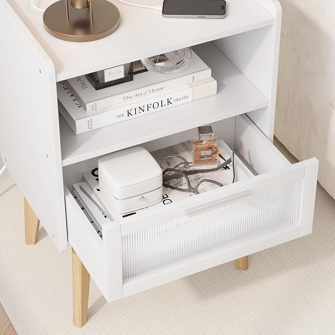 MMEOLUOOK Nightstand with Charging Station, Bedside Tables, End Table Side Table with 2 Tiers Storage Space, for Bedroom, Living Room, White MLBZ07WE-2