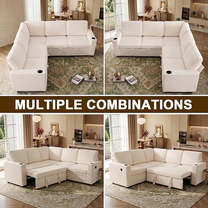 ROCANT 84 inch Modular Sectional Couch with Pull Out Bed, 5-Seat L-Shaped Corduroy Sleeper Sofa with Reversible Chaise, Built-in Storage, USB Port and Cup Holders