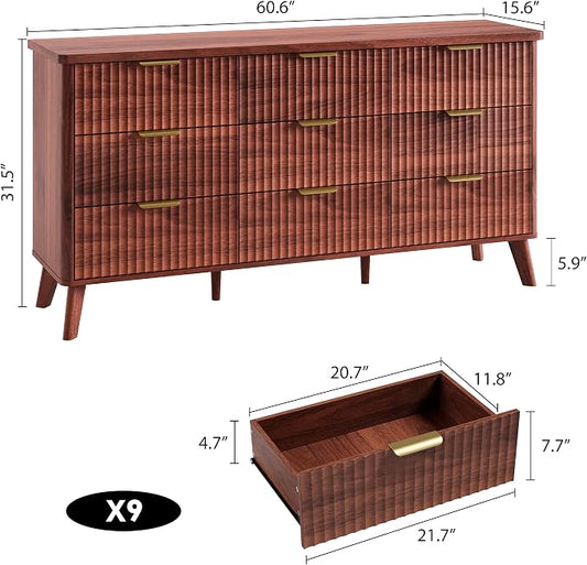 GarveeHome Fluted Dresser for Bedroom with 9 Deep Drawers, 60.6 in Wide Modern Chest of Drawers, Wooden Dresser TV Stand, Curved Profile Design, for Living Room, Kids Room, Hallway, Walnut