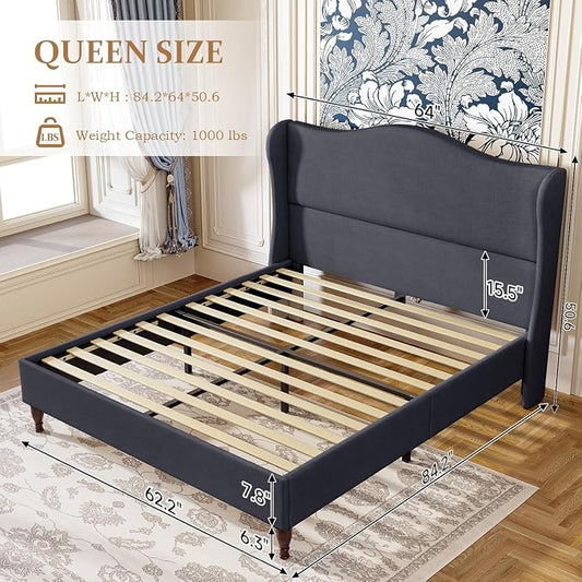 koorlian Queen Upholstered Bed Frame with 51'' Tall Headboard, Dark Navy | Reinforced Platform Bed, Easy Assembly, Soft Fabric, Sleigh Wingback, Solid Wood Retro Legs, Noise-Free, Classic & Simple