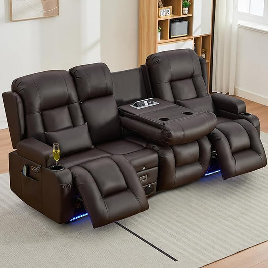 URRED Power Loveseat Recliner Sofa with Massage and Heat, Wall Hugger Reclining Loveseat with Console, RV Couch Home Theater Seating with LED Lights for Living Room (Dark Brown, 89.8" - 3 Seats)