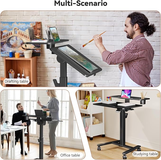 28Inch Rolling Standing Desk On Wheels, Small Computer Workstation Adjustable Height, Mobile Laptop Stand with Tiltable Desktop, 2-Tier Portable Study Table with Storage Shelves, Black