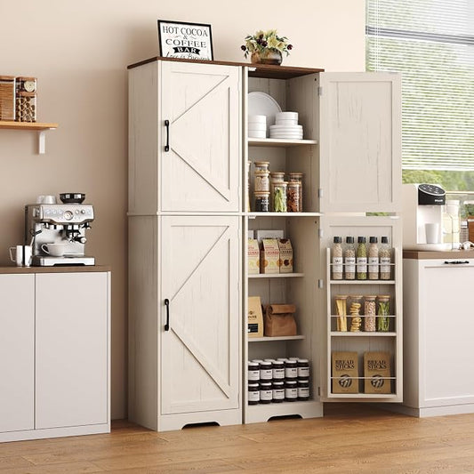 Function Home Farmhouse Kitchen Pantry Cabinet, 64" Tall Slim Bathroom Storage Cabinet, 5 Tier Wooden Floor Cabinets with Barn Doors and Adjustable Shelves for Dining Room Living Room, Antique White
