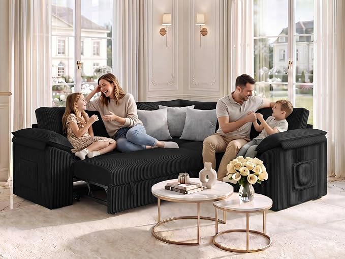 85 Inch Sectional Sleeper Sofa Bed with Pull Out Couch, U Shaped 5 Seat Cloud Modular Sectional Sofa with Storage, Corduroy Sectional Couches for Living Room, Removable Sofa Cover, Dark Grey