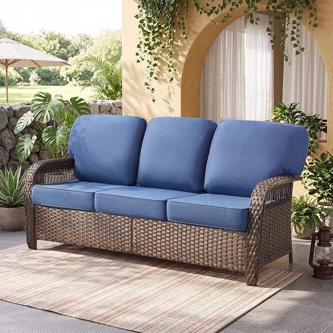Belord Luxury Outdoor High Back Couch, All-Weather Wicker 3-Seater Sofa, Wicker Patio Furniture for Deck Porch Garden,Blue