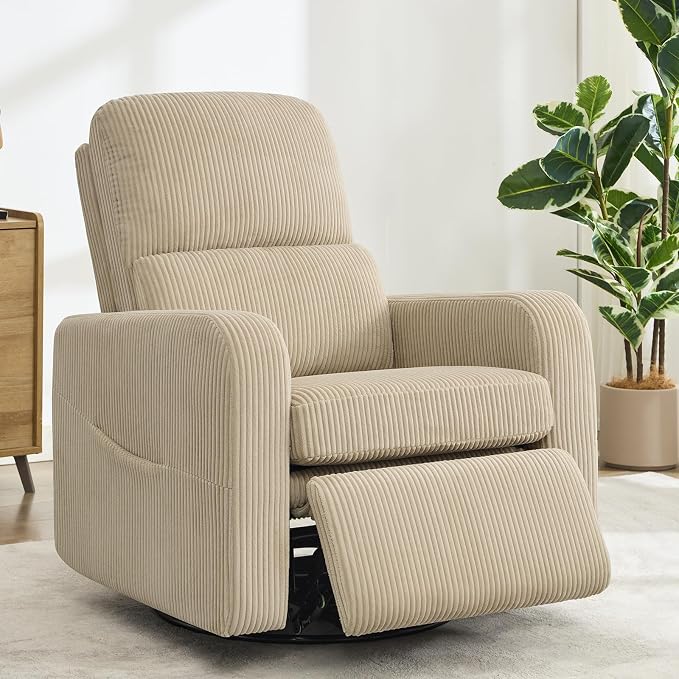 Swivel Rocker Recliner, Oversized Manual Nursery Glider Rocking Recliner Chair with Removable Cushion, Upholstered Corduroy Swivel Reclining Chair for Nursery Living Room Bedroom, Camel