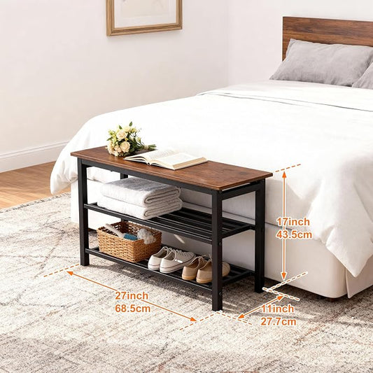 Shoe Rack Bench, Industrial Entryway Storage Bench Organizer with Multiple Tiers and Wood Seat, Rustic Brown (3-Tier)