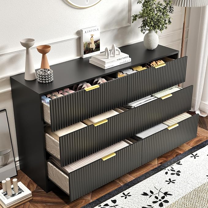 6 Drawer Dresser and Nightstand Sets for Bedroom, 3 Pcs Bedroom Set, Night Stand Set of 2 & 6 Drawer Dresser with Gold Handles, Modern Wood Chest of Drawers Storage Cabinet Set, Black