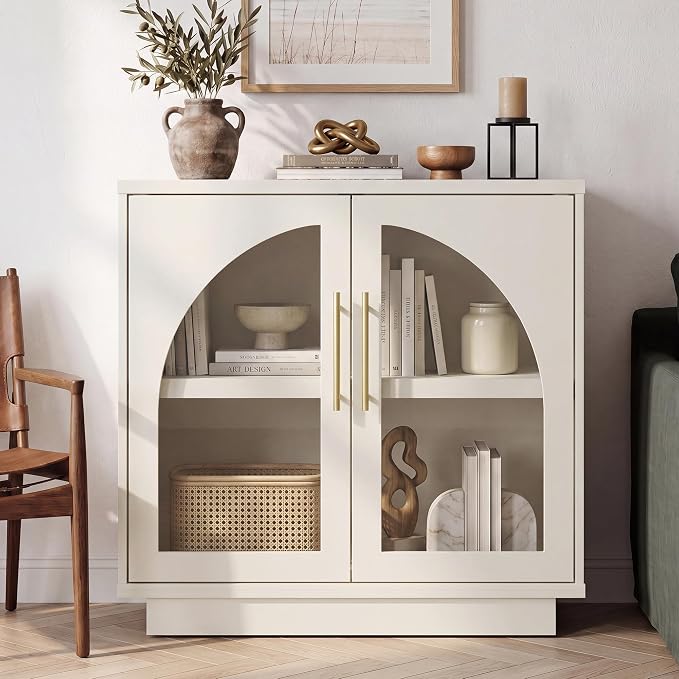 Fatmok Arched Glass Sideboard Buffet Accent Cabinet, 31.5" Display Credenza with Adjustable Shelf,1-Piece Modular Coffee Station Storage for Kitchen Living Room Bedroom, Beige(Not White)