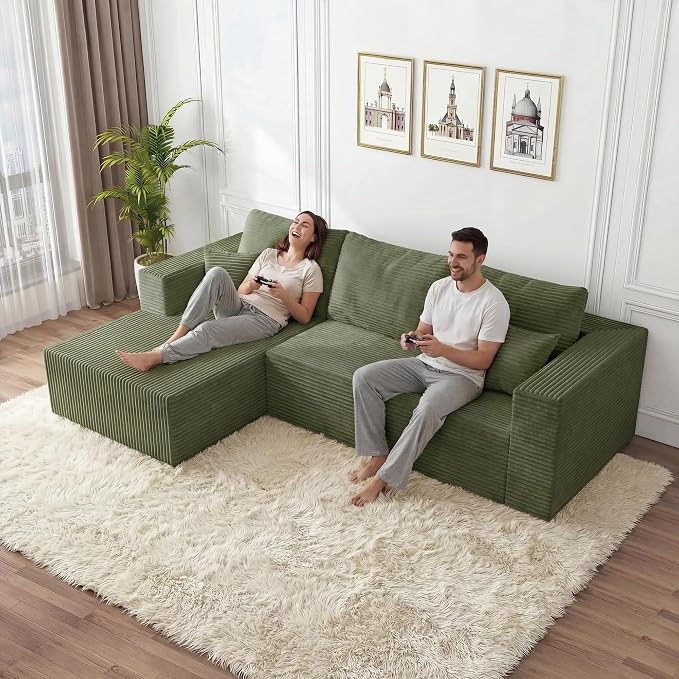92.5" Boneless Couches for Living Room, L-Shaped Cloud Couch with Deep Seat & Chaise, Corduroy Modular Sectional Sofas for Living Room, No Need Assembly - Green(Left Facing Chaise)