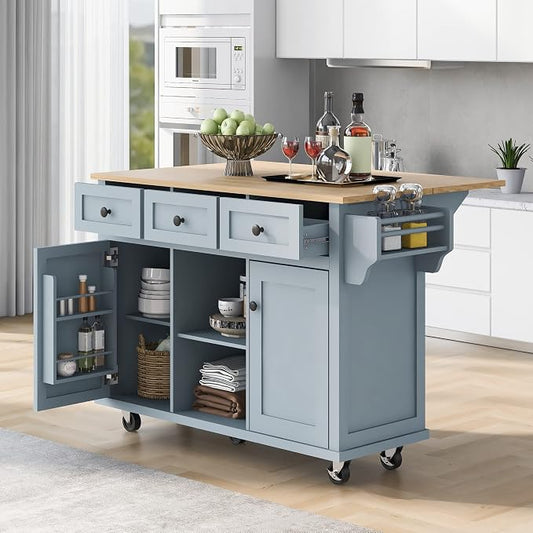 Large Kitchen Island with Rubber Wood Drop Leaf, Rolling Kitchen Cart with Ample Storage on Wheels with Doors and Drawers for Dining Room (Modern Grey Blue, Black Handle, 53Inch)