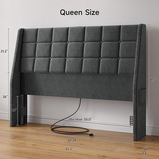 Ergonomic Upholstered Headboard Queen Size w/Charging Station, Linen Wingback Headboards w/Storage Pocket, Queen Headboard Only, Bed Frame Adapters, Sturdy Stable Solid Wood Bed Head Board, Dark Grey