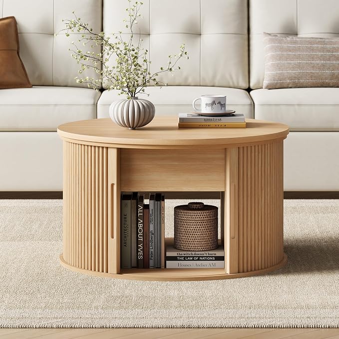 LINSY Lift Top Coffee Table, Round Fluted Coffee Table with Storage, Boho Wooden Coffee Tables with Sliding Tambour Door, 31.5" Center Table for Living Room, Office, Small Space, Natural Oak