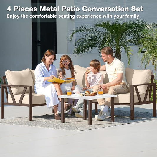 Outdoor Furniture Set, 6 Pieces Outdoor Patio Couch Sectional, L Shaped Metal Outdoor Patio Corner Sofa with 6” Thick Cushions, Outdoor Seating Conversation Set, Upgrade Beige