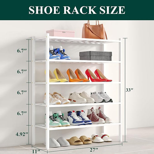 Smiry Bamboo Shoe Rack, 5 Tier Free Standing Wooden Shoe Organizer, Stackable Wood Shoe Storage Shelf for Closet, Entryway, 12 Vertical Slats, 2+2+1 Stack Standard Legs, 26.8"x11"x32.5", White