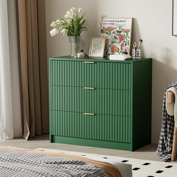 Furniway Green Dresser for Bedroom, Modern Dresser with 3 Drawers and Smooth Slides, Wide Chest of Drawers with Golden Handles for Bedroom, Living Room, Closet, 15.7" D x 31.5" W x 29.6" H