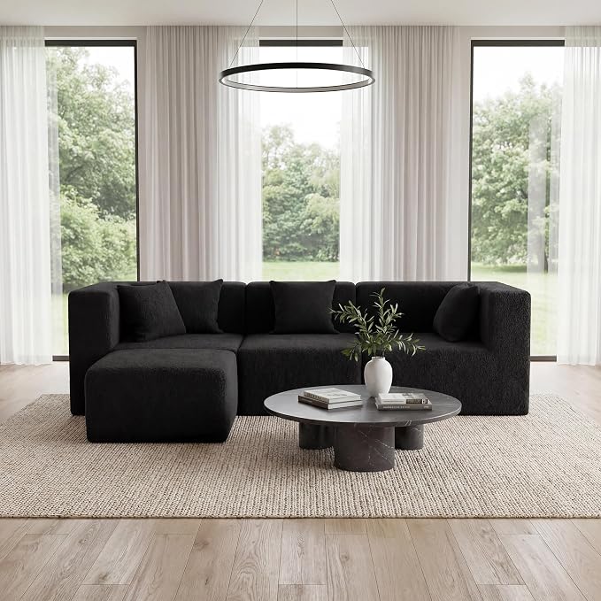 MONVANE 103'' Modular Sectional Sofa, Comfy Teddy Velvet Cloud Couch with Ottoman, Modern Convertible L Shaped Couch with Deep Seat, Sectional Couches for Living Room, Bedroom and Apartment, Black