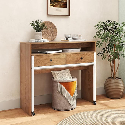 Giantex Small Computer Desk with Hutch & Drawers, Extendable Writing Desk w/Pull Out Secondary Table, Monitor Stand & Rolling Wheels, Console Table, Compact Desk for Small Spaces (Natural)