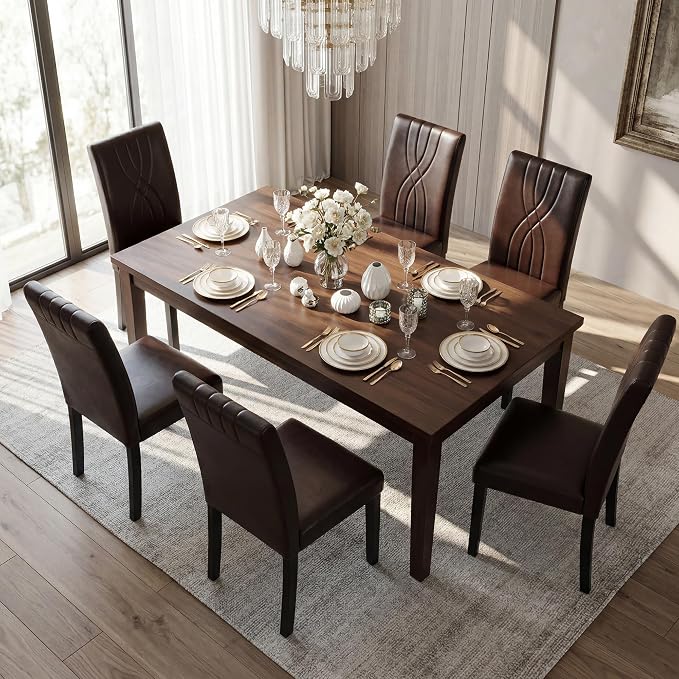 LSSBOUGHT Modern Dining Chair Set of 6,Urban Style Leather Kicthen Chairs with Solid Wood Legs for Dining Room and Restaurant (Brown-Quilted backrest)