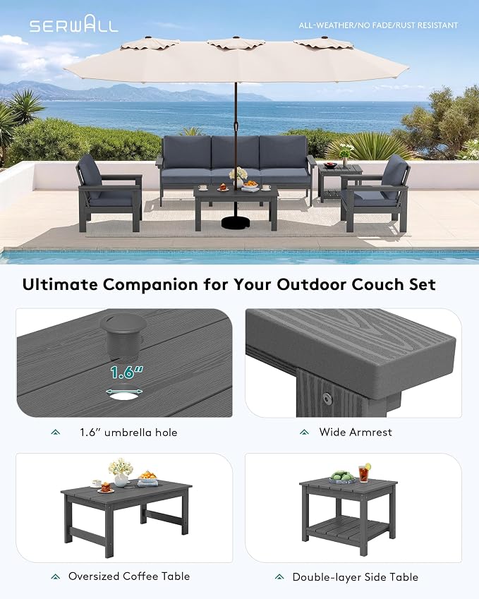 SERWALL HDPE Patio Furniture Set with 15FT Patio Umbrella, 7-piece Outdoor Sectional Sofa Set, All Weather Patio Couch Set for Deck, Gray &Gray (Umbreall Base not Included)