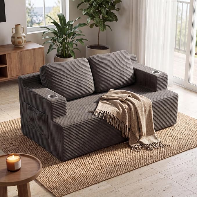 Homall 67” Boneless Sofa Couch with 2 Pillows Extra Deep Seats, Corduroy Fabric 3 Seater with Cup Holder & Storage Pocket Upholstered Floor Easy Installation (Grey, Loveseat)