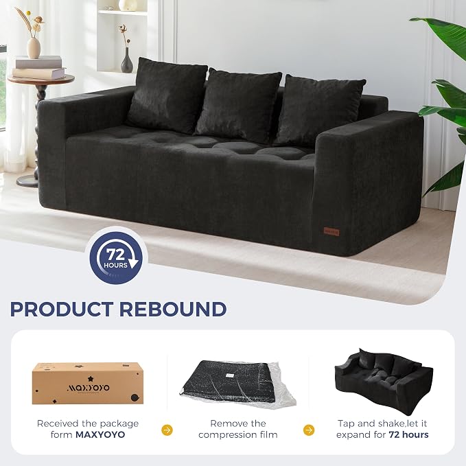 MAXYOYO Modular Sofa Couch, 75" Oversized Loveseat Boneless Cloud Couch with Deep Seat, Chenille Upholstered Living Room Comfy Sofa Chair for Living Room, No Assembly Required, Black